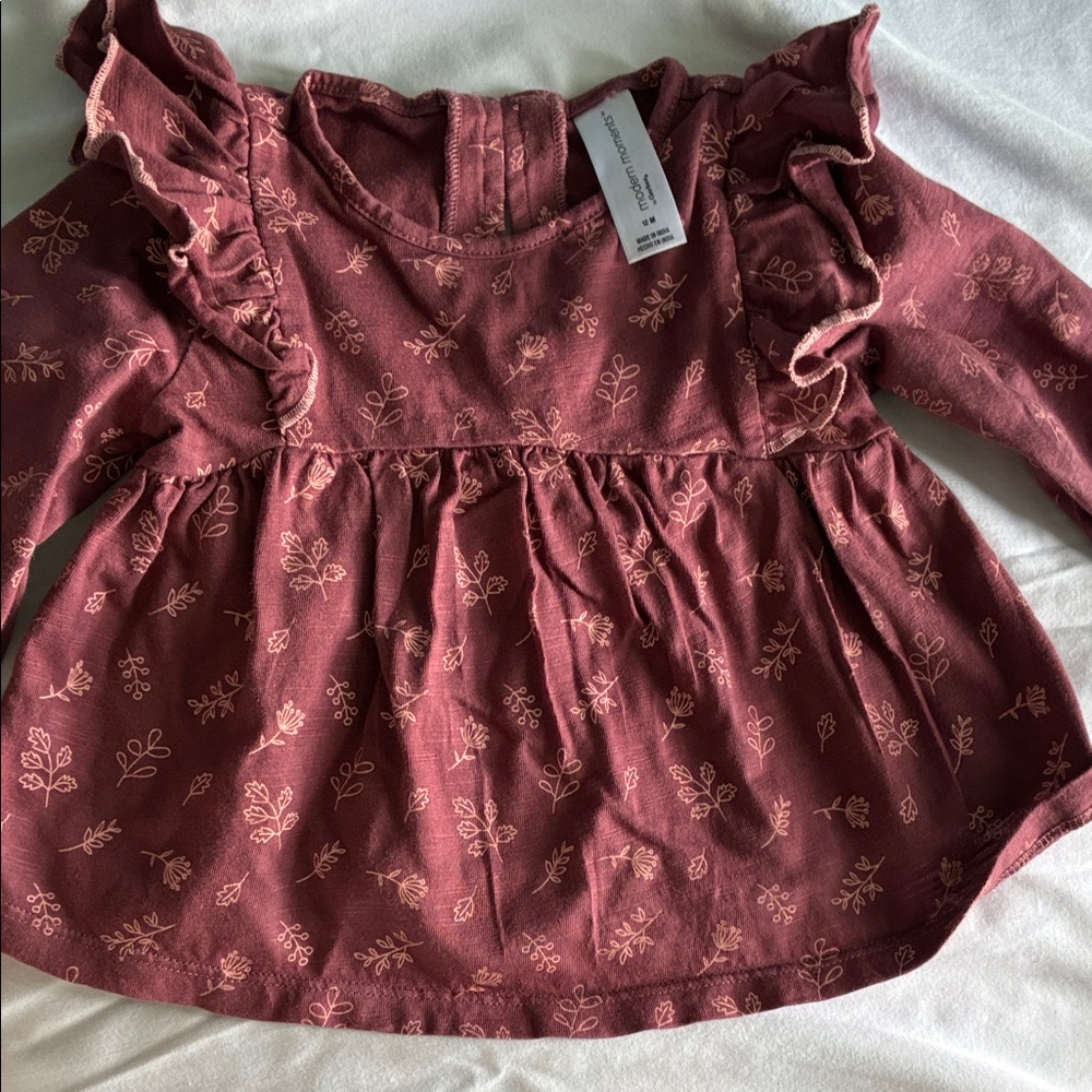 Girls Burgundy Floral Ruffle Long-Sleeve Top